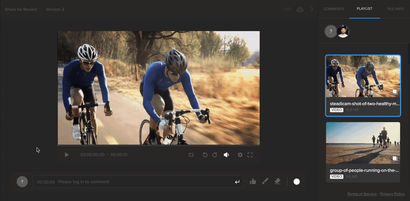 MediaSilo review page with a cycling video, playlist panel and a log in to comment prompt