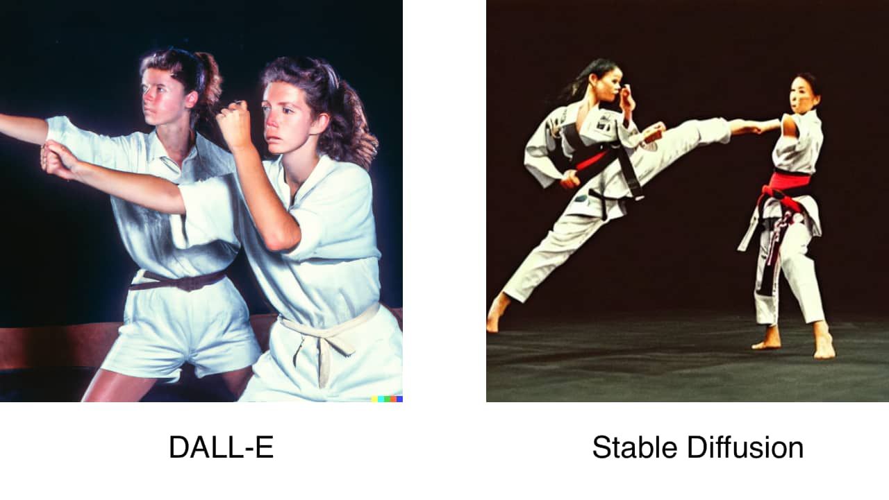 AI-generated images of two women martial arts fighters, one made with DALL-E and one with Stable Diffusion