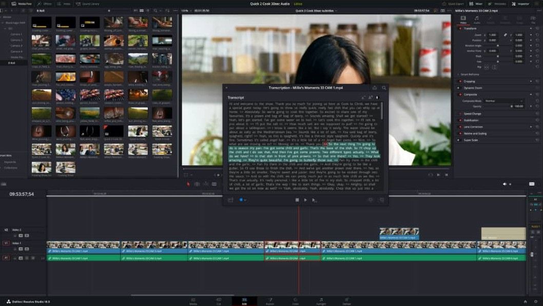 DaVinci Resolve Speech to Text transcription panel over the edit page