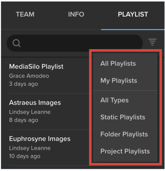 MediaSilo playlist tab with the filter menu highlighted, offering All, My, Static, Folder and Project Playlists