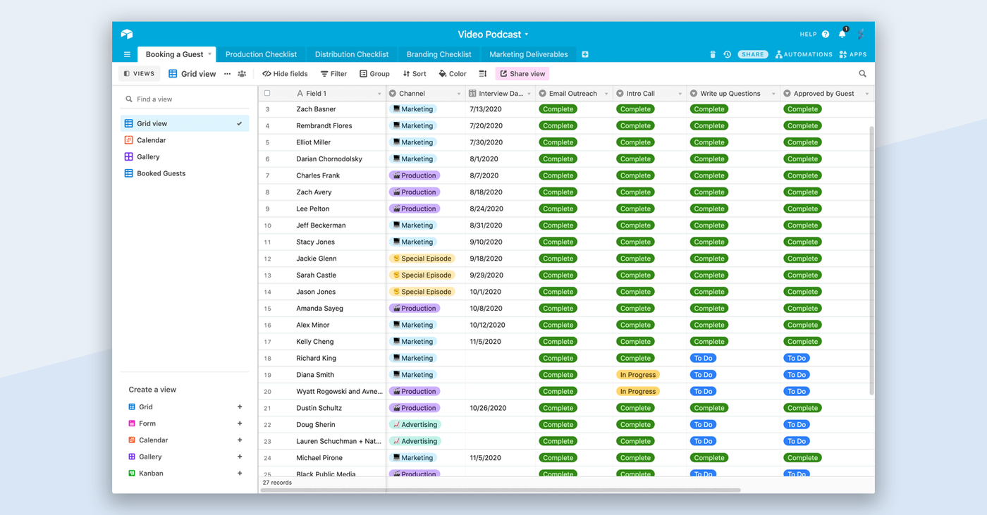 Airtable Video Podcast grid tracking guest bookings with color-coded status tags