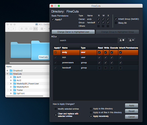 EFS access control window setting user and group permissions on a FineCuts directory, beside a Finder view of its folders