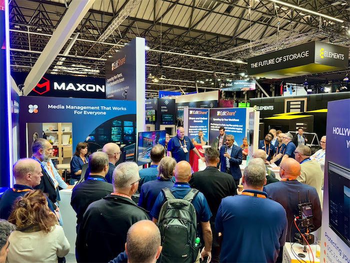 Crowd gathered at the EditShare booth at IBC 2024 for a presentation