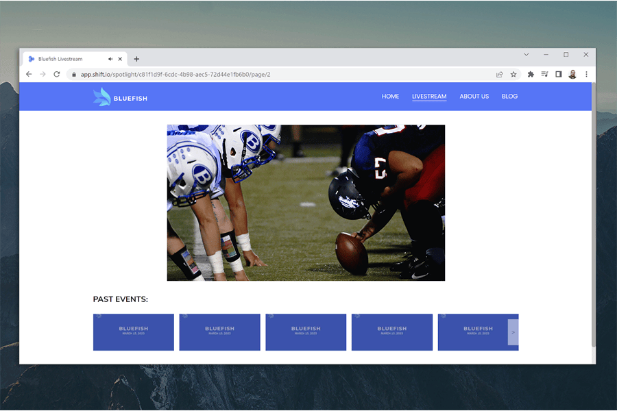 MediaSilo Spotlight livestream page showing a football game and a row of past events