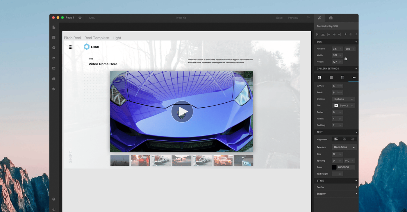 MediaSilo Spotlight editor building a Pitch Reel page from the light reel template with a video module and style settings