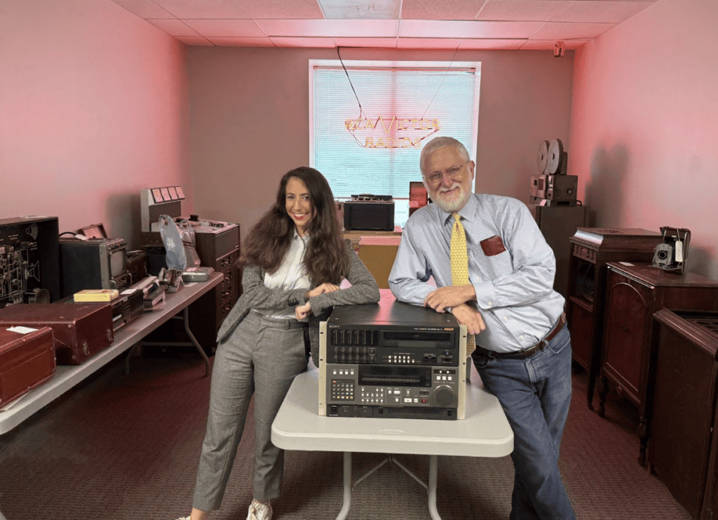 George Blood and EditShare's Julia Crowe with historical recording equipment
