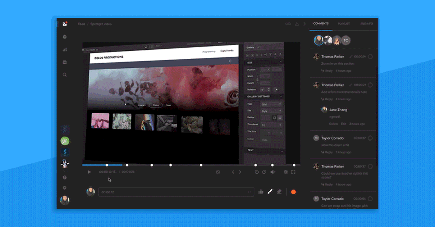 MediaSilo timecoded review of the Spotlight launch video, with team comments in the sidebar