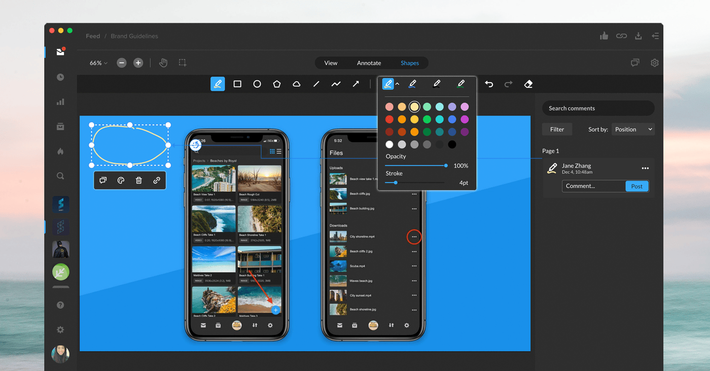 MediaSilo image review with shape markup tools, color picker, and a comment panel