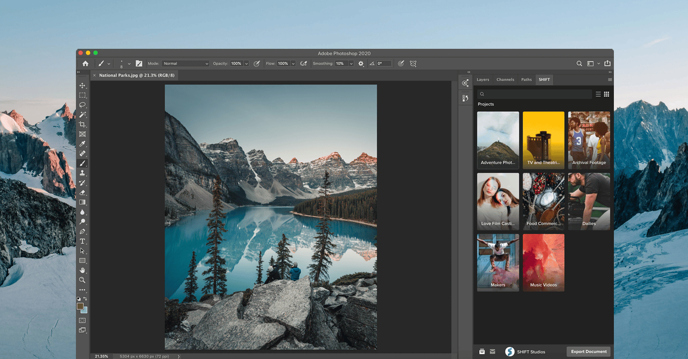 MediaSilo (SHIFT) panel docked in Adobe Photoshop, showing project thumbnails beside an open image