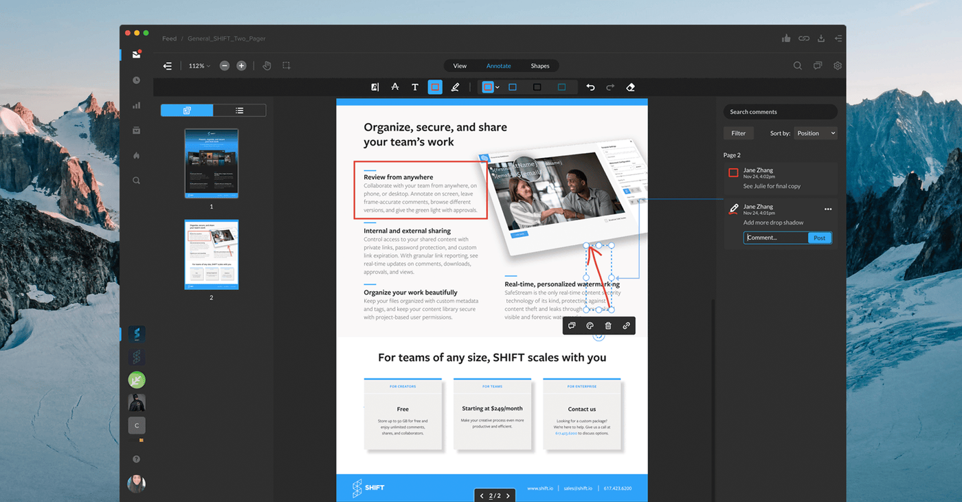 MediaSilo document review showing a PDF with drawn markup, text annotations and threaded comments