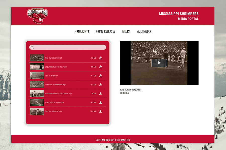 MediaSilo Spotlight media portal for the Mississippi Shrimpers with a playlist of highlight clips and a video player