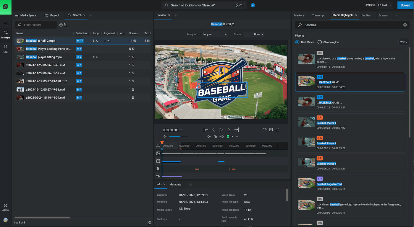 FLOW AI search for baseball showing matching clips, a preview player and media highlight results