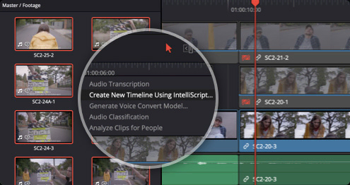 DaVinci Resolve 20 menu showing Create New Timeline Using IntelliScript and other AI tools