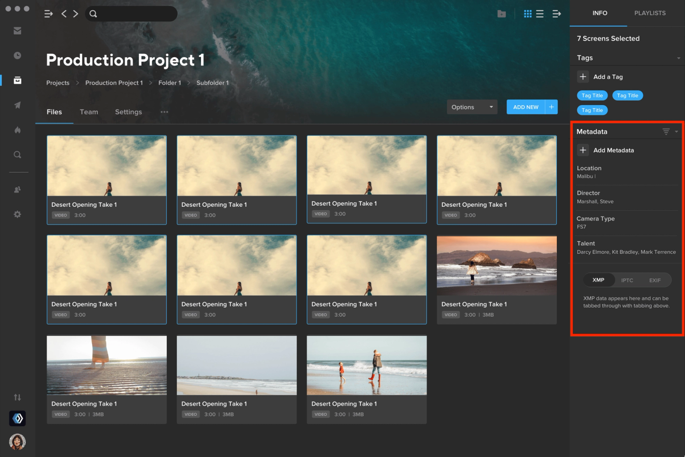 SHIFT project view with the metadata editor panel highlighted, showing XMP, IPTC and EXIF tabs