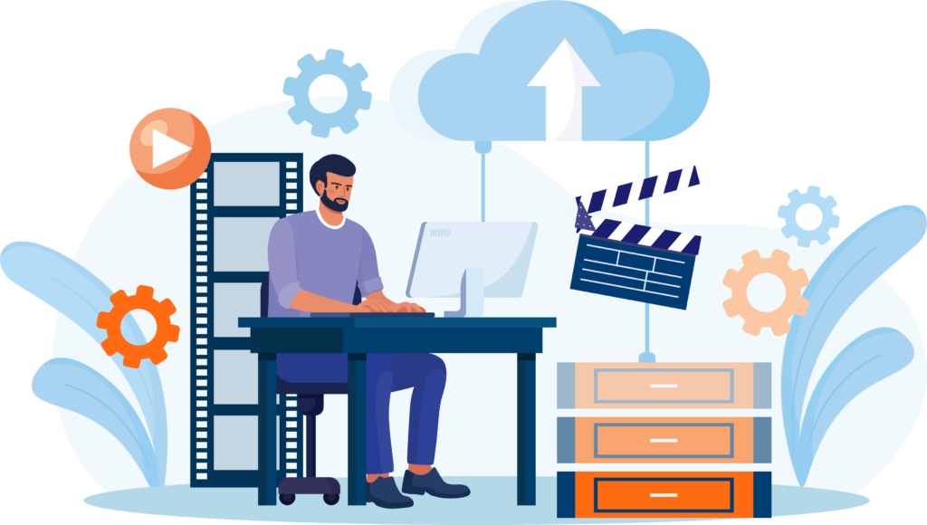 Illustration of an editor at a workstation connected to cloud and on-premises storage, with film strip and clapperboard icons