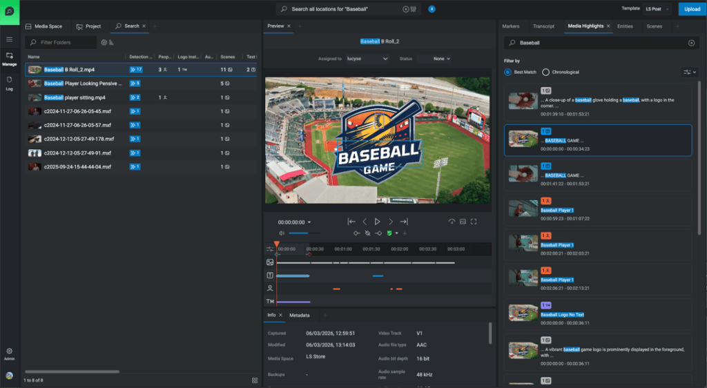 FLOW AI search for "baseball" showing matched clips, a video preview and ranked Media Highlights results