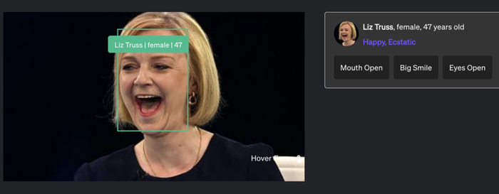 FLOW AI facial recognition tagging a face as Liz Truss with age, gender, emotion and expression labels