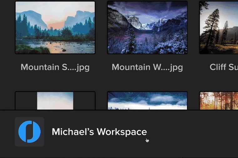 MediaSilo panel in DaVinci Resolve Studio showing image assets and the Michael's Workspace selector