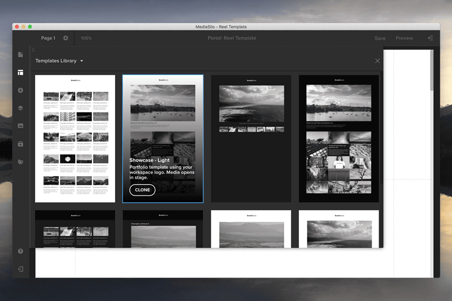 MediaSilo Spotlight Templates Library showing premade presentation layouts, including the Showcase Light portfolio template