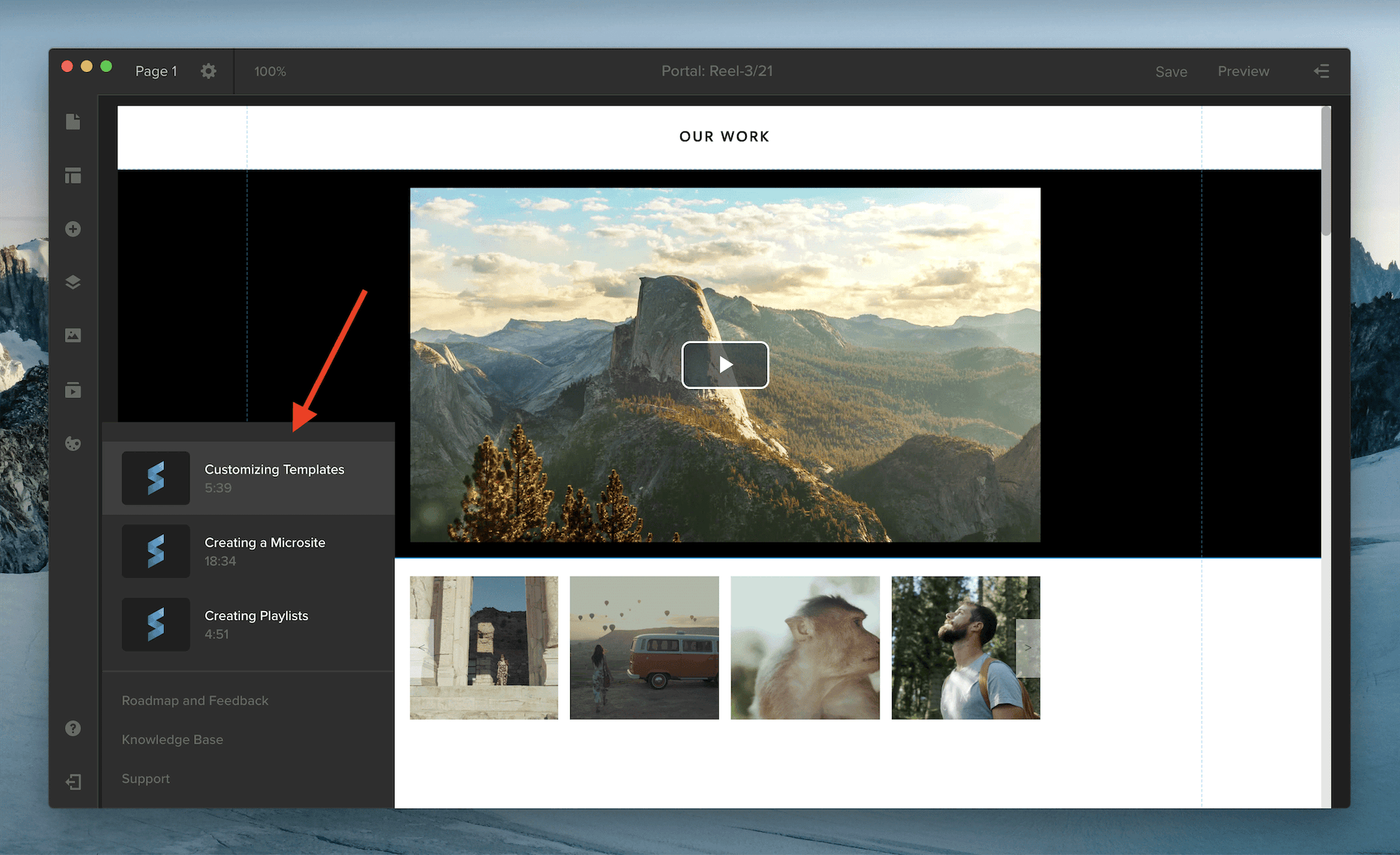 MediaSilo Spotlight editor with the new video tutorials panel for templates, microsites and playlists