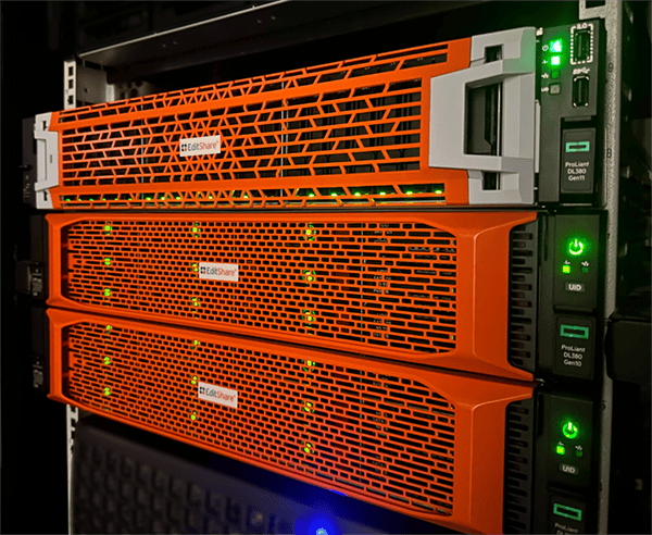 EditShare NVMe and EFS 300 storage servers installed in a rack