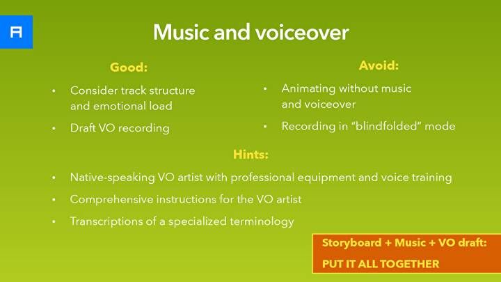 Music and voiceover slide listing good practices, things to avoid and hints for game videos