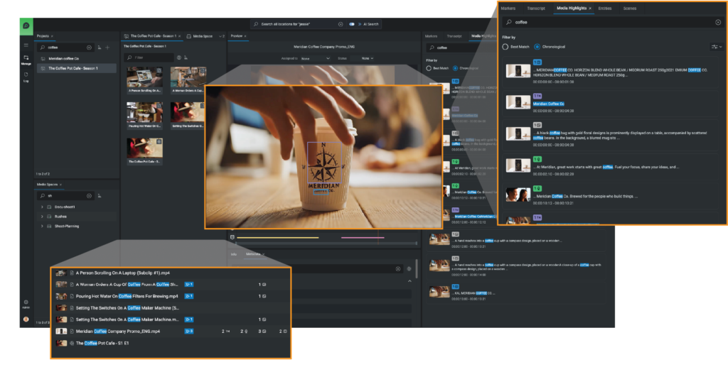 FLOW AI search for "coffee" showing matching clips, transcript and visual media highlights for a Meridian Coffee promo