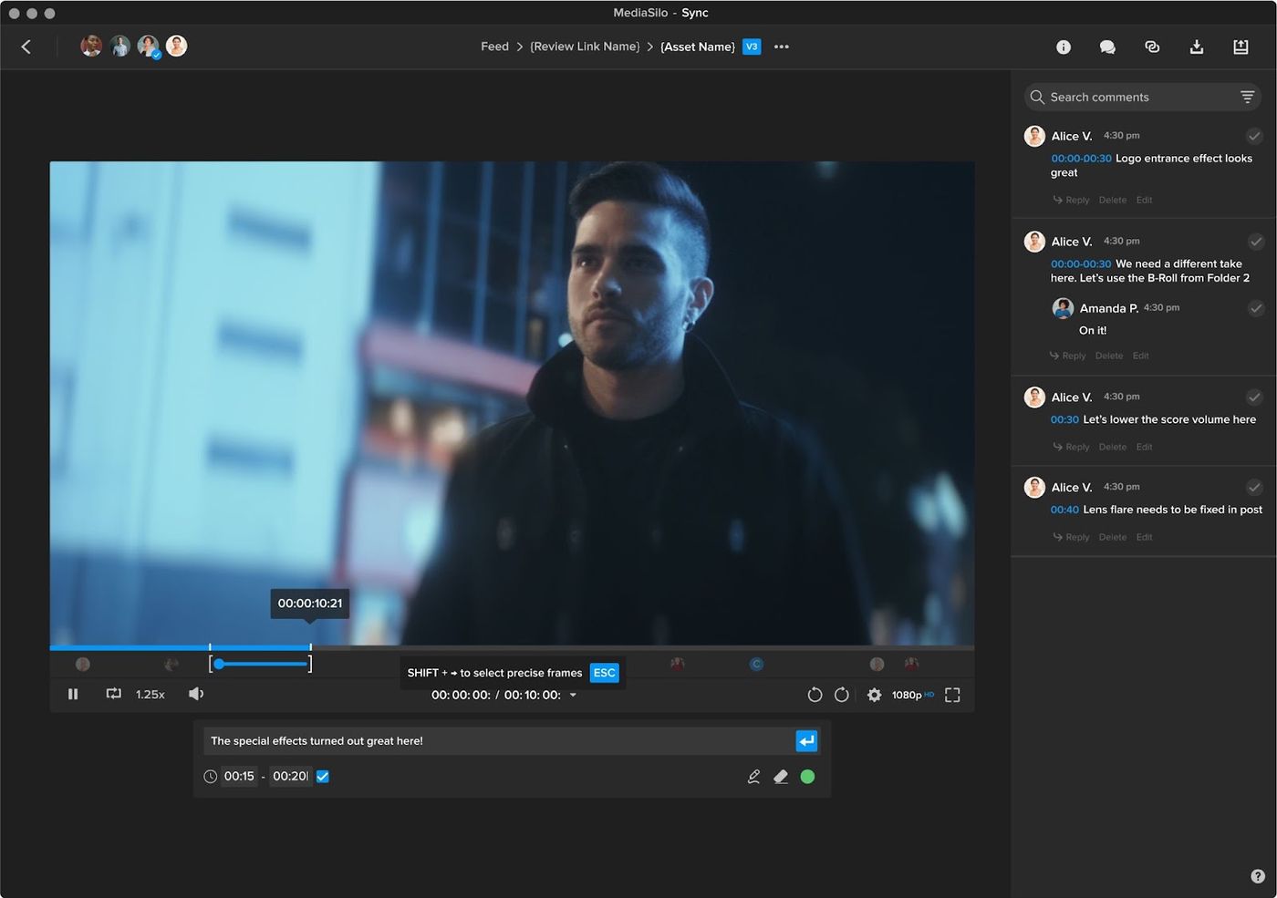 MediaSilo review player with a ranged comment selected on the timeline and threaded comments in the sidebar