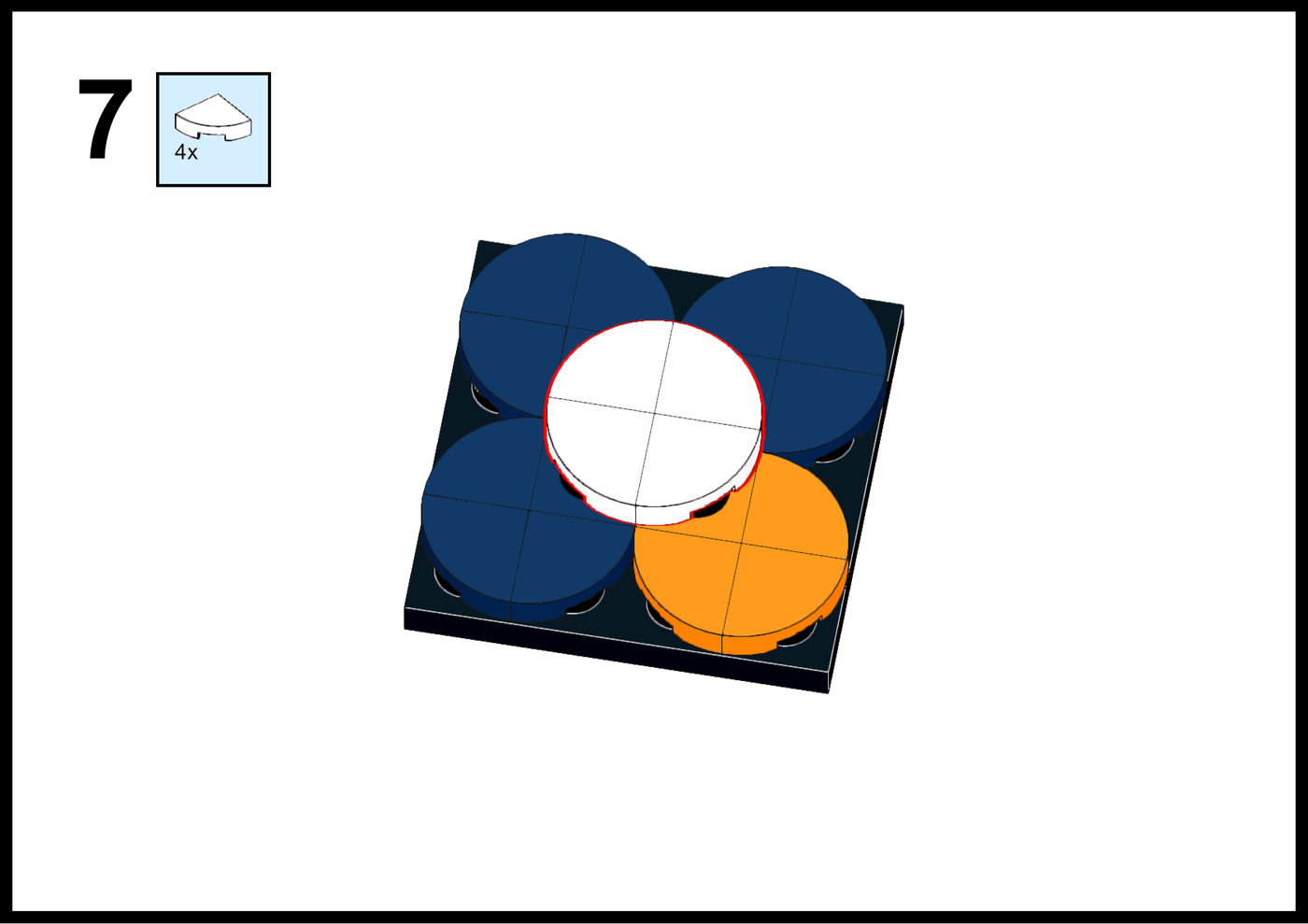 Lego building instructions, step 7: adding white round tiles to the EditShare logo