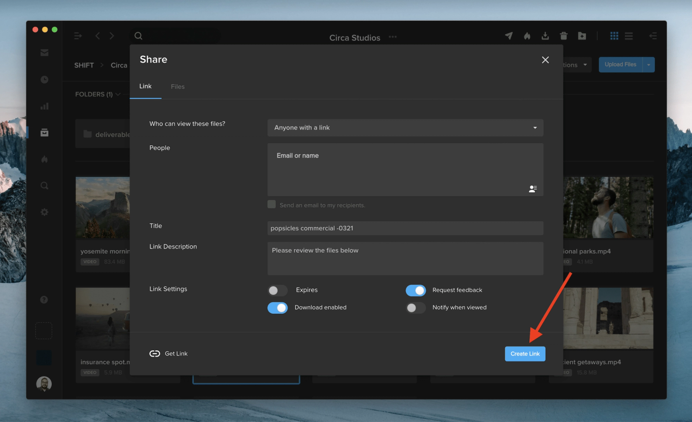 SHIFT Share dialog with link settings, and an arrow pointing to the Create Link button