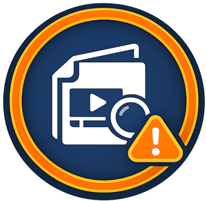 Icon of a video file with a magnifying glass and warning symbol, representing lost or mismatched footage