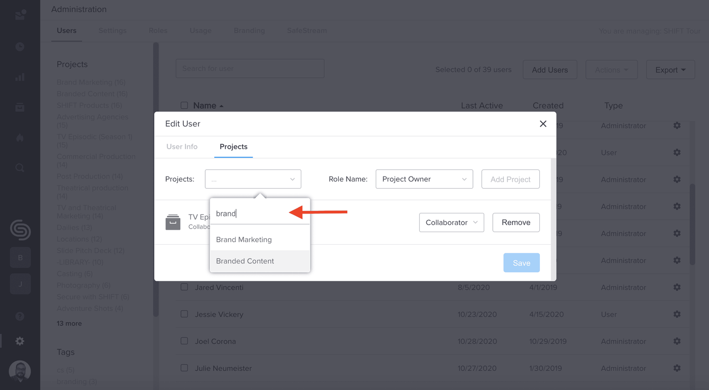MediaSilo Administration Edit User dialog with the new project search bar highlighted