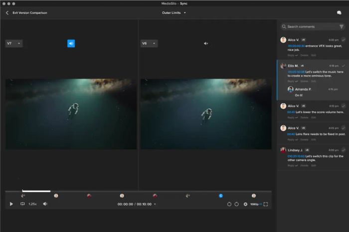 MediaSilo side-by-side version comparison of V7 and V6 with timecoded comments