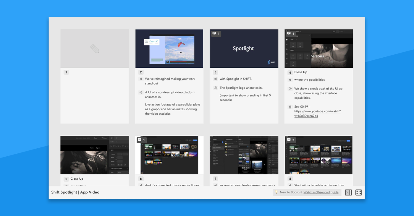 Boords storyboard for the Shift Spotlight app video with frame-by-frame script notes