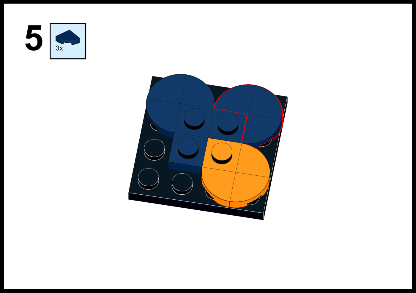 LEGO building instructions step 5: adding three quarter-round pieces to form the EditShare logo