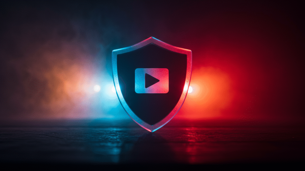 Glowing shield with a video play icon against red and blue light, representing secure media workflows