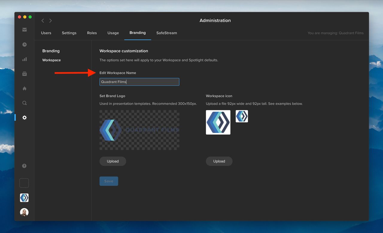MediaSilo Administration Branding tab with the Edit Workspace Name field highlighted