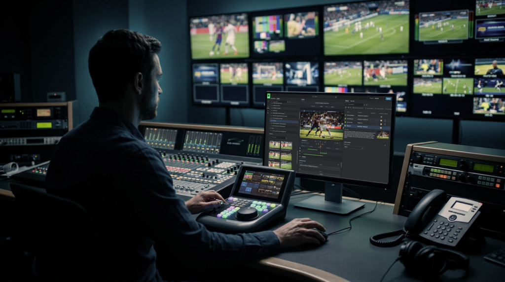 Operator in a sports broadcast control room using FLOW AI to review match footage, with a wall of live football feeds