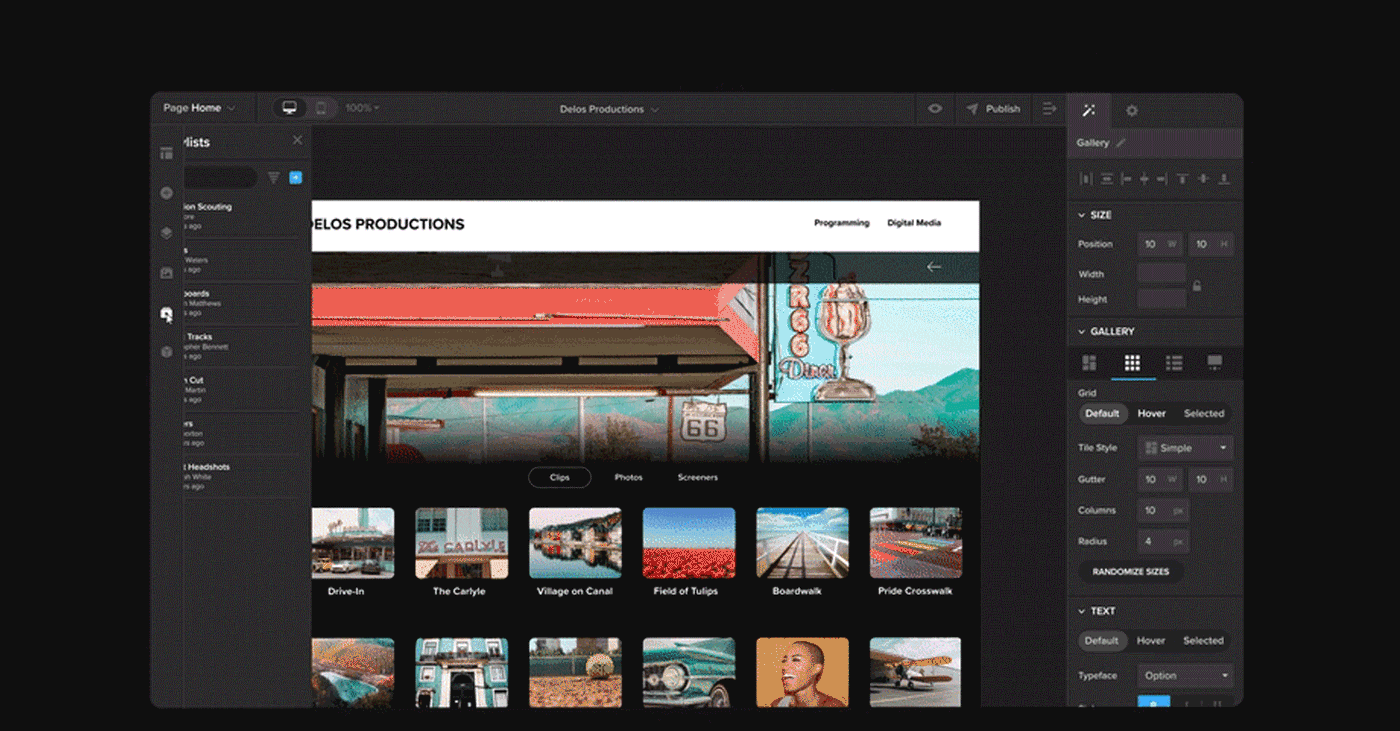 Spotlight page editor pulling MediaSilo media into a gallery for a Delos Productions presentation