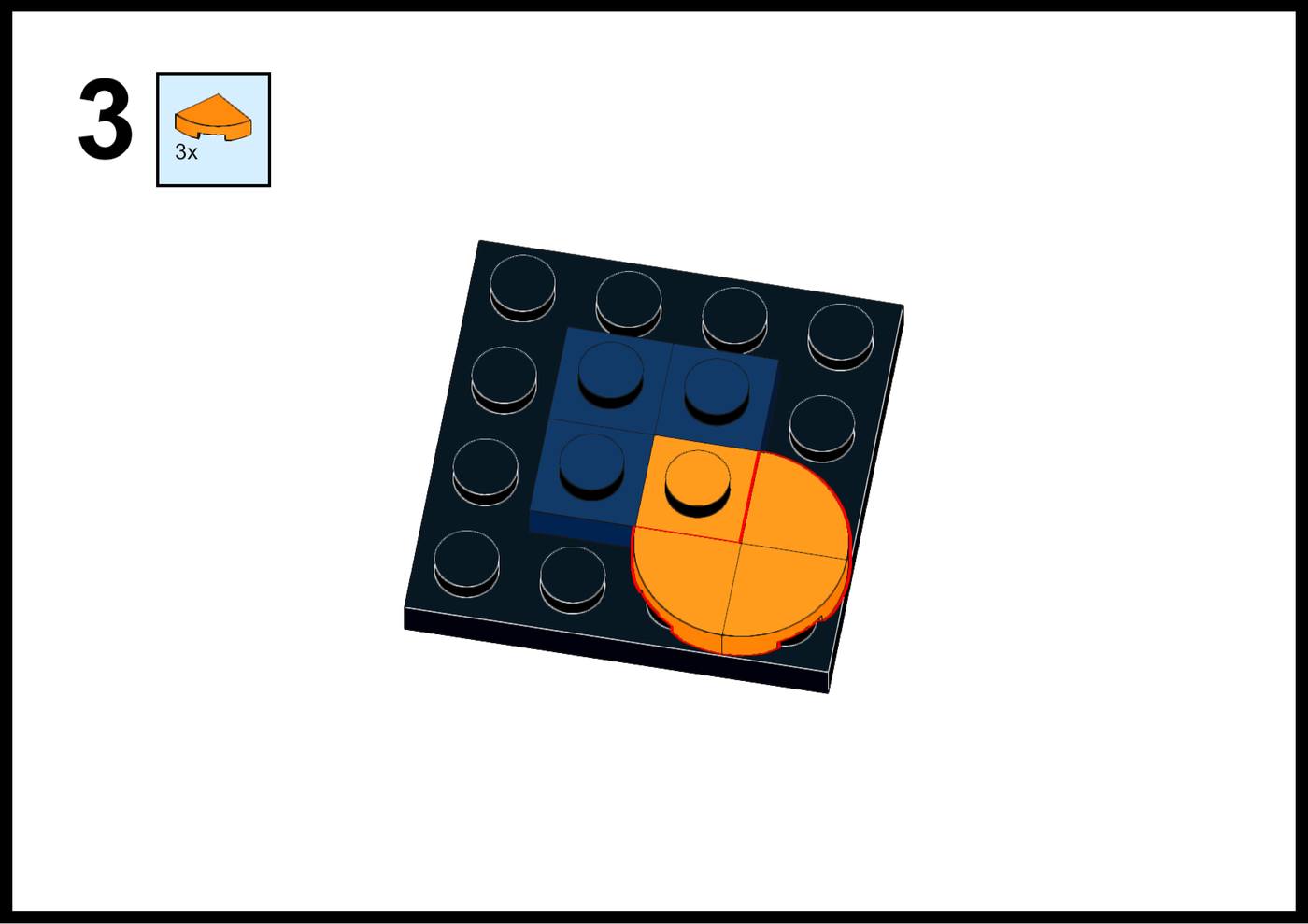 Lego instruction step 3 for building the EditShare logo: add three orange quarter round tiles