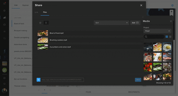MediaSilo Share dialog adding files from the media panel to an existing shared link