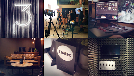 Collage of 3P Studio's Brisbane facility: neon 3 logo, studio shoot, edit bay, client lounge and vocal booth