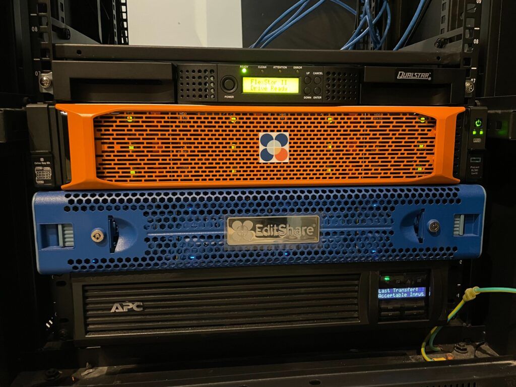EditShare shared storage server and Qualstar tape library installed in Chello's equipment rack