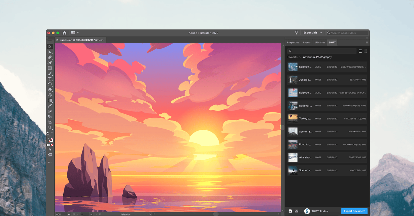 MediaSilo (SHIFT) panel inside Adobe Illustrator 2020 listing project assets beside a sunset illustration