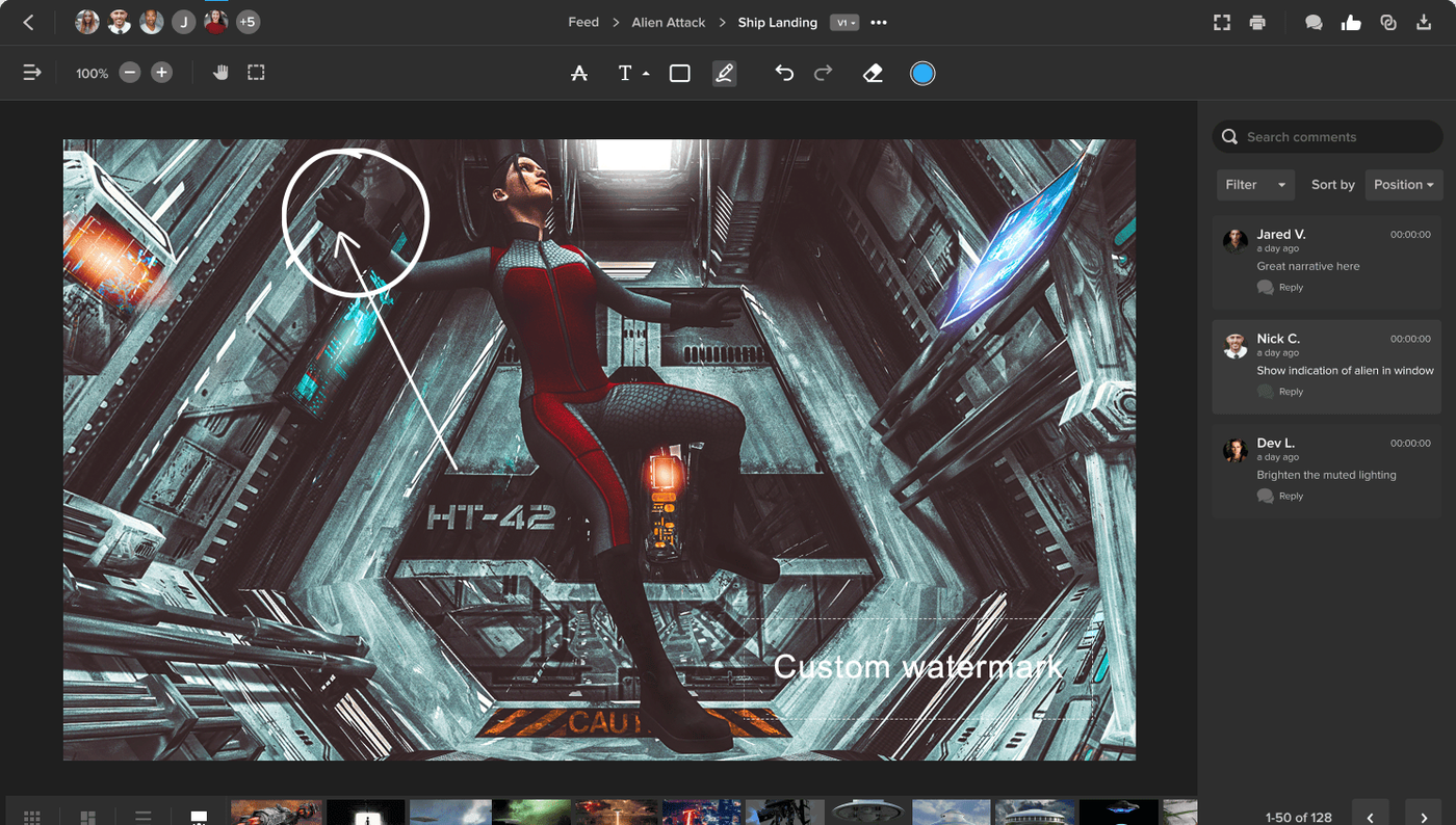 MediaSilo image review of game concept art with drawn annotations, a custom watermark and team comments
