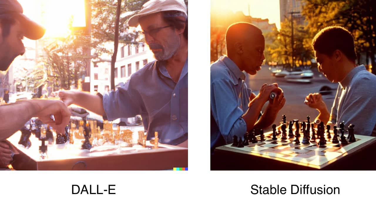 AI images of two men playing chess at golden hour generated by DALL-E and Stable Diffusion from the same prompt
