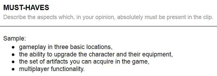 Sample must-haves list for a game video: key locations, character upgrades, artifacts and multiplayer