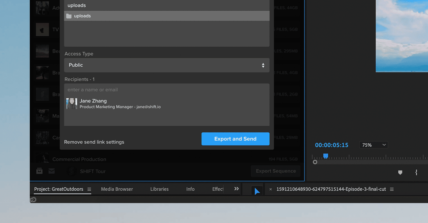MediaSilo Panel for Adobe Premiere Pro with link settings and an Export and Send button