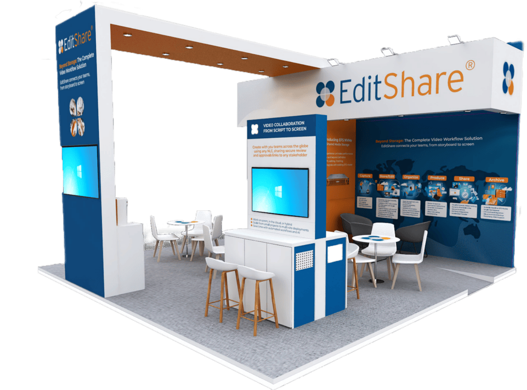 Rendering of the EditShare exhibition stand at CABSAT with screens, seating and workflow graphics