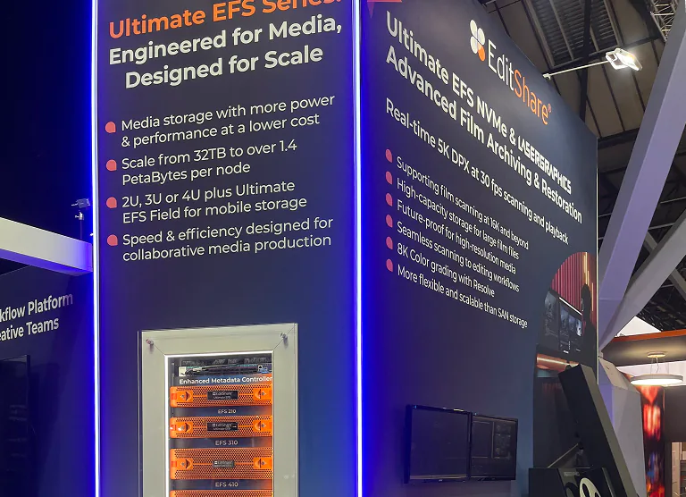 EditShare IBC 2025 booth wall promoting the Ultimate EFS Series and EFS NVMe film archiving with Lasergraphics